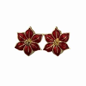 Vintage Red Enamel Poinsettia Clip-On Earrings | Gold Tone